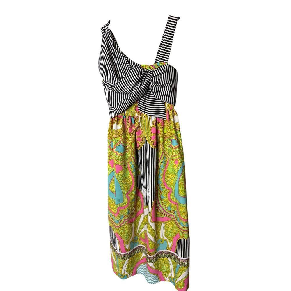 Bonnie Jean twist-front dressblack and white striped bodice vibrant paisleyskirt